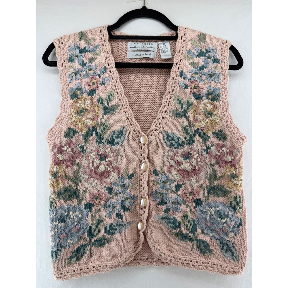 Vintage‎ Portraits by Northern Isle Hand Knit Floral Vest Pink Button Grannycore